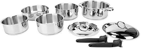 Camco 7 Piece Stainless Steel Cookware Nesting Pots and Pans Set w/Lids, Detachable Handles & Storage Strap for Camping, Tailgating, and RV