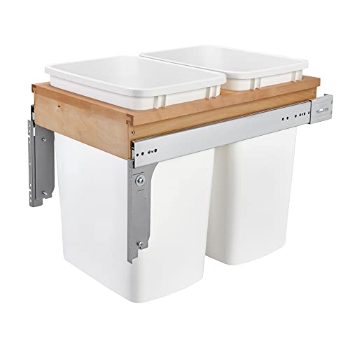 Rev-A-Shelf 35 Qt Top Mount Double Pullout Under Cabinet Kitchen Trash Cans for Base Cabinets, 150 Pound Rated Full-Extension Slides, Min Opening Width of 14.5", White, 4WCTM-18DM2-175