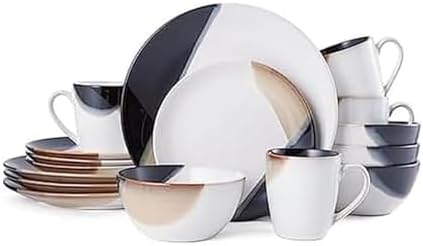 Mikasa Gourmet Basics Caden 16-Piece Stoneware Dinnerware Set, Service for 4, White Glossy Center with Black and Tan Two-Tone Reactive Glaze, Dishwasher and Microwave Safe