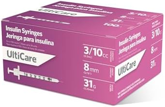 UltiCare U-100 Insulin Syringes | 3/10cc, 31G x 8mm, 100 Count | Sterile Single-Use Syringes | Clear Unit Markings, Silicone Coating