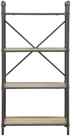 Benjara Benzara Four-Tier Metal Bookshelf with Wooden Shelves, Brown and Grey,