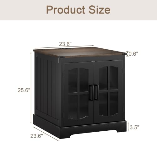 ChooChoo Farmhouse End Table with Charging Station & LED Light | Large Sofa Side Table, Rustic Square Nightstand, Glass Barn Door, Bedside Table, Storage, Living Room, Black