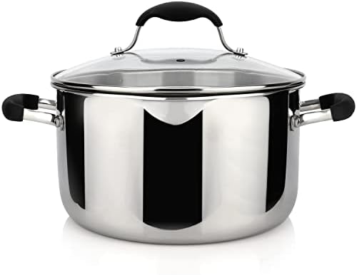 AVACRAFT 6 Quart Stainless Steel Stock Pot with Glass Strainer Lid | 5-Layer Capsule Base, Tempered Glass Strainer Lid, Drip-Free Pour Spouts, Induction Compatible, Dishwasher Safe