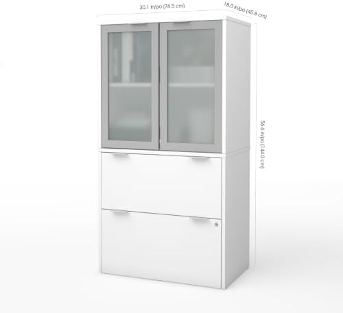 Bestar i3 Plus 31W Lateral File Cabinet with Frosted Glass Doors Hutch in White | With Frosted Glass Doors Hutch, ball-bearing drawer slides