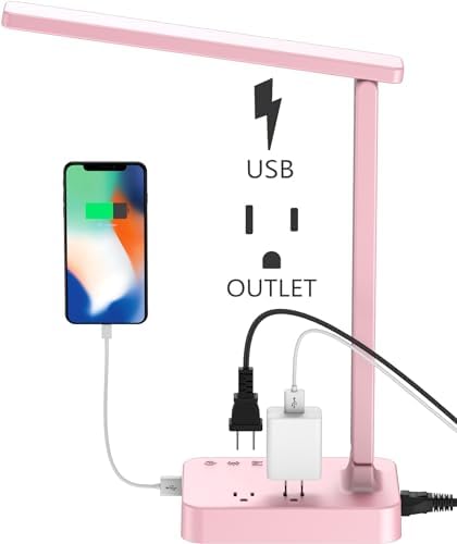 Drevet LED Desk Lamp for College Dorm Room, Desk Light with 1 USB Charging Port 2 AC Power Outlet, 3 Lighting Modes, 3 Level Brightness Touch Lamp