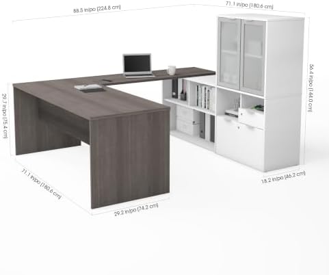 Bestar i3 Plus 72W U-Shaped Executive Desk with Frosted Glass Doors Hutch in bark Grey