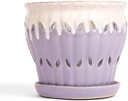 rePotme 6" Pinwheel Fluted Ceramic Plant Pot (Cream Over Lavender) - Includes Free 6 inch Slotted Pot Liner - Great for Orchids, Succulents
