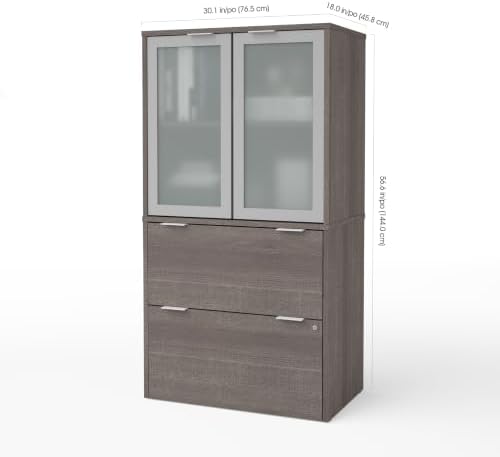 Bestar i3 Plus 31W Lateral File Cabinet with Frosted Glass Doors Hutch in bark Grey | With Frosted Glass Doors Hutch, ball-bearing drawer slides