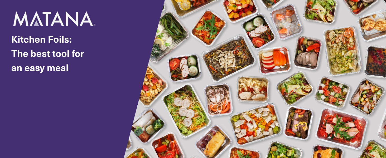 MATANA kitchen folio promotional image showing grid of colorful meal preparations in containers, presented as a meal planning tool.