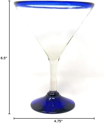 Mexican Hand Blown Glass – Set of 4 Hand Blown Modern Margarita Glasses - Blue Rim (12 oz)