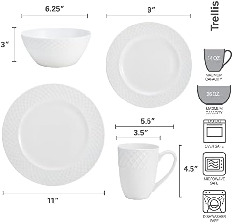 Mikasa Trellis 16-Piece Bone China Dinnerware Set, White, Includes Dinner Plates, Salad Plates, Cereal Bowls and Mugs, Dishwasher Safe