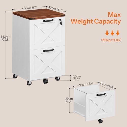 HOOBRO 3 Drawer File Cabinet with Lock, Mobile Filing Cabinet for Home Office, Wooden Farmhouse Office Storage Cabinet, Printer Stand Fits Letter and A4 Size, Walnut and White WH93WJ01G1