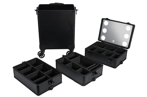 mefeir 4 in 1 Rolling Makeup Train Case, Aluminum Makeup Travel Organizer Cosmetic Case, Cosmetology Display Suitcase on Wheels, Beauty Storage Luggage Lockable w/4 Removable Wheels (Black)