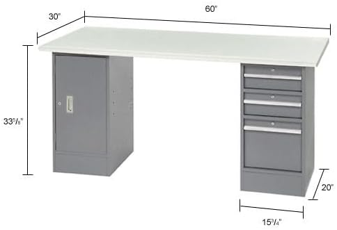 Global Industrial Pedestal Workbench, 3 Drawers & 1 Cabinet, Gray Pedestal