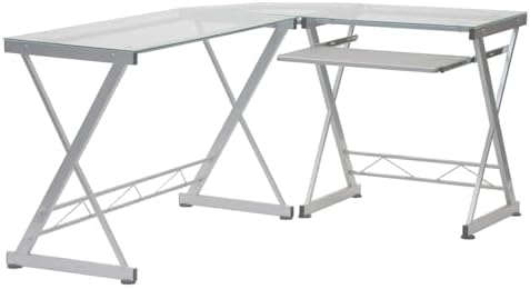 Scranton & Co Modern L-Shape Computer Desk, Glass and Steel, Clear Finish, 29.5" H x 61.75" W x 45.25" D, Reversible Design, Pull-Out Keyboard Tray