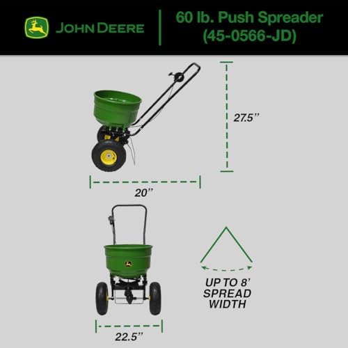John Deere Push Broadcast Spreader for Seed, Fertilizer & Ice Melt, 60 lb Capacity Walk-Behind Lawn Spreader with Pneumatic Tires