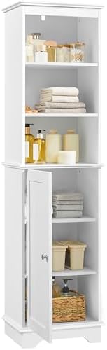 Yaheetech Tall Narrow Bathroom Storage Cabinet with Door and Shelves, White | Linen Closet for Towels, Toiletries and Laundry, Open Display Shelves