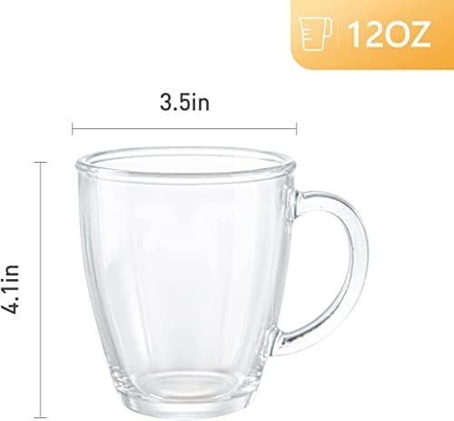 D.M DESIGN·MASTER [6 PACK, 12 OZ - Premium Glass Coffee Mugs with Handle. Transparent Tea Glasses for Hot/Cold Beverages