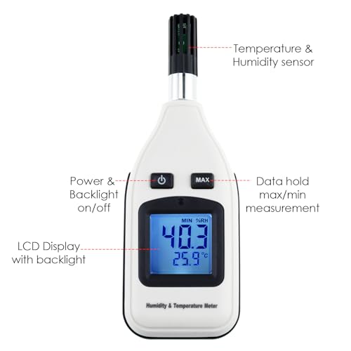 Digital Humidity 0~100% RH and Temperature Meter, 30~70°C, MAX/MIN Hold, Handheld Portable with LCD Backlight