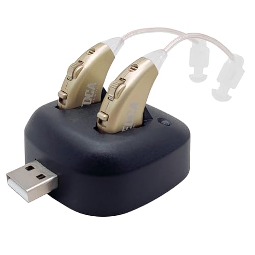 Digital Hearing Amplifiers - Rechargeable BTE Personal Sound Amplifier Pair with USB Dock - Premium Gold Behind The Ear Sound Amplification - by