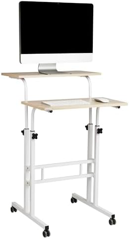 Mind Reader Standing Desk, Adjustable Height Laptop Workstation, Portable Rolling Desk on Wheels, Two-Tier Metal Frame, Black