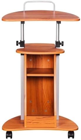 Pemberly Row Sit-to-Stand Rolling Laptop Cart, Adjustable Height 28-46 in, Wood Grain Finish MDF Panels, Open Storage with Accessory Shelf