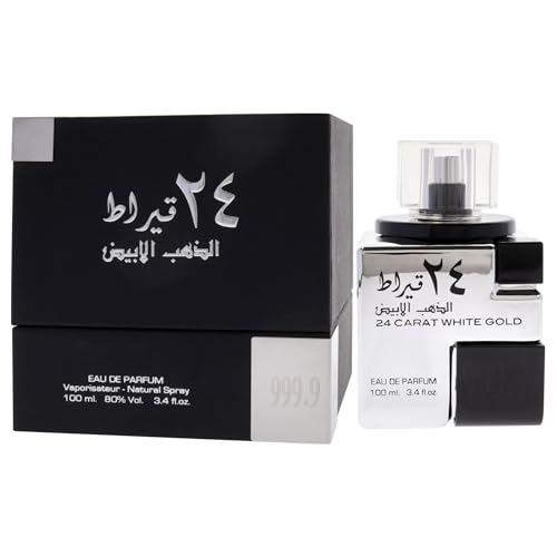 Lattafa 24 Carat White Gold – Fresh, Spicy, Woody – Eau de Parfum Spray Long-Lasting Fragrance for Unisex, 3.4 Ounce / 100 ml