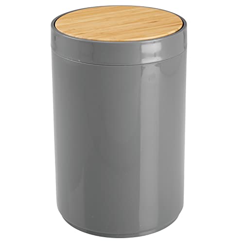 mDesign Plastic Round Trash Can Small Wastebasket - Garbage Bin Container with Swing-Close Lid - Bathroom Garbage Basket - Holds Waste, Recycling - 1.3 Gallon - Basa Collection - Cream/Beige/Natural