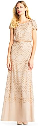 Adrianna Papell Womens Short Sleeve Blouson Beaded Gown