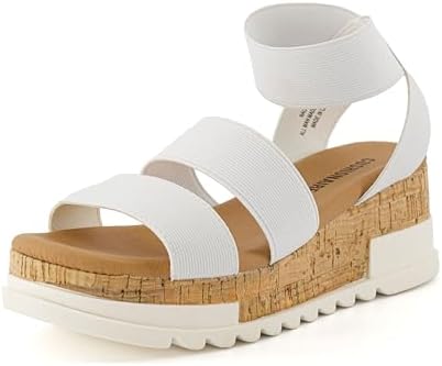 CUSHIONAIRE Naomi Cork Wedge Sandals for Women – Soft Stretch Straps Comfortable Platform Sandals for Women with Memory Foam Insole