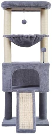 32" Cat Tree for Indoor Cats, 2-in-1 Cat House with Sisal Scratching Post & Ramp, 2-Level Cat Tower with Rotatable Feather & Ball Toys, Stable Grey Cat Condo for Small/Medium Cats, Grey
