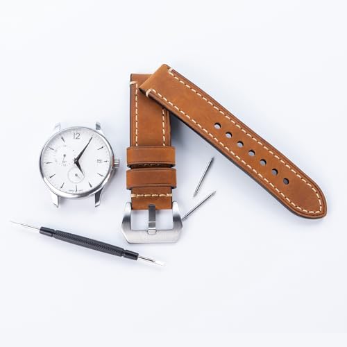 Dark Brown 22mm Genuine Leather Wristwatch Watch Band Oil Tan Vintage Strap for Men with Stainless Buckle