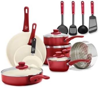 GreenLife 16 Piece Nonstick Cookware Set, Soft Grip Non-Toxic PFAS-Free Ceramic Pots & Pans, Dishwasher & Oven Safe, Frying, Sauce, Saute, Utensils