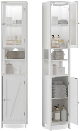 ChooChoo Narrow Bathroom Storage Cabinet with Light， Space Saving | Space Saving,Tall Bathroom Storage Cabinet, 5-Tier, 2 Doors, Slim, Freestanding, Adjustable Shelves, Black