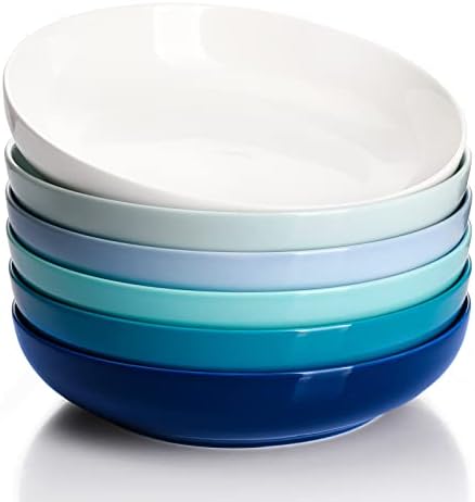 Sweese 22oz Porcelain Pasta Bowls Set of 6-7.6 Inch White Salad Serving Plates, Microwave Dishwasher Safe Dinnerware