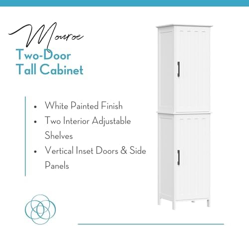 RiverRidge Monroe Tall 2-Door Bathroom Linen Cabinet, White | Soft Close Hinges, Adjustable Shelves, Matte Black Handles, Modern Farmhouse Style