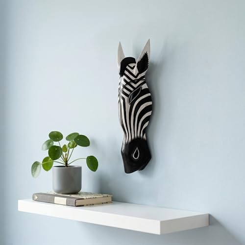 G6 COLLECTION Wooden Tribal Zebra Mask Black White Stripe Hand Carved Wall Plaque Hanging Home Decor Accent Art Unique Sculpture Decoration Handmade Handcrafted Decorative Zebra Black White (20" Tall)