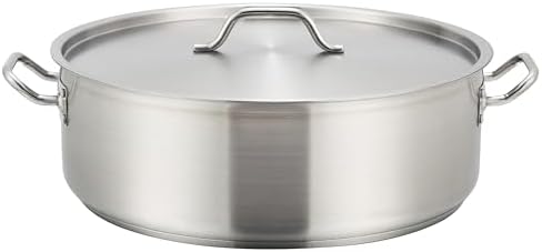 Winco 15 qt Stainless Steel Brazier Pan with Lid | Flat bottom, Wide base, Riveted handles, Induction safe, Great for Braising, Simmering, Batch Cooking and Restaurant Kitchens