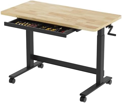 FLEXIMOUNTS 47.2" x 23.6" Adjustable Height Workbench, Hand Crank | Rubberwood Top, Heavy-Duty Steel Frame, Drawers And 360° Wheels