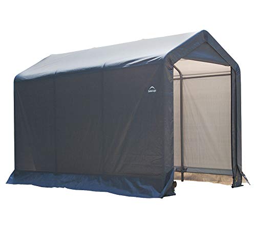 ShelterLogic 10' x 10' Shed-in-a-Box All Season Steel Metal Round Roof Outdoor Storage Shed with Waterproof Cover and Heavy Duty Reusable Auger Anchors, grey