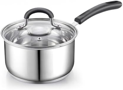 Cook N Home Professional 2 Quart Stainless Steel Saucepan with Lid, Small Kitchen Induction Cooking Sauce Pot Pan, Stay-Cool Silicone Handle, Dishwasher Safe