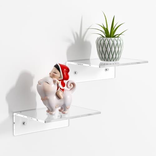 FEMELI 2 PCS 12" Acrylic Floating Shelves, Clear Shelf for Wall Display