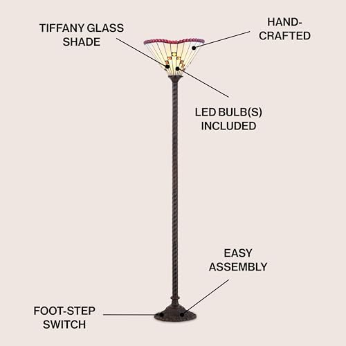 JONATHAN Y Smith 70.5" Tiffany-Style Torchiere Floor Lamp, Bronze | Handcrafted Multicolor Stained Glass Shade, Barley-Twist Metal Base, Foot Switch