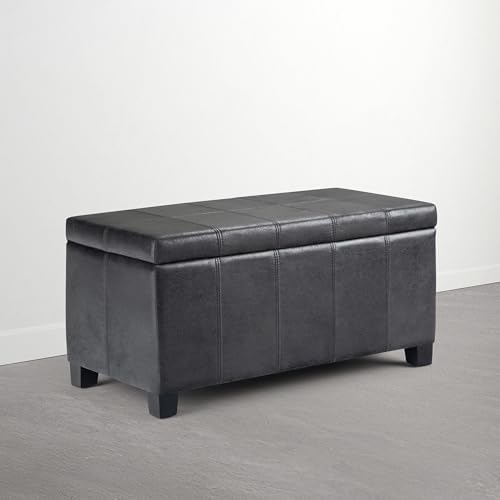 SIMPLIHOME Dover 36" Wide Vegan Leather Storage Ottoman in Midnight Black | Distressed umber brown, contemporary ottoman with lift-top and safety hinges; rectangle storage bench for living room.