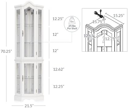 BELLEZE Lighted Corner Display Curved Top Curio Cabinet Wooden Shelving Unit with Tempered Glass Door