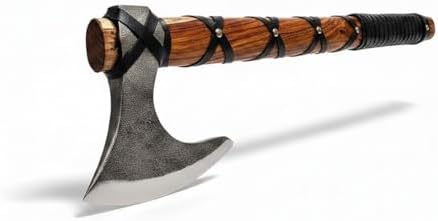 Poshland AX-7000 Custom Gift Forged Carbon Steel Viking Axe with Rose Wood Shaft, Viking Bearded Camping Axe