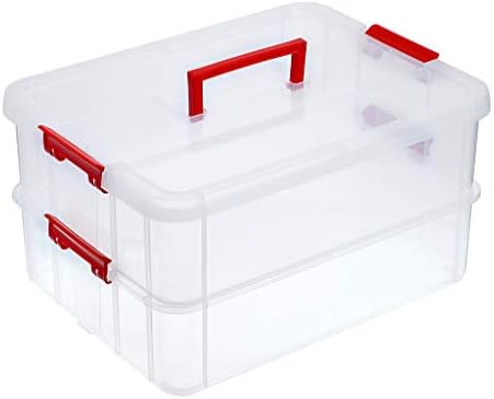 JUXYES 2-Tiers Plastic Stack Carry Storage Containers Box wih Handle Lids