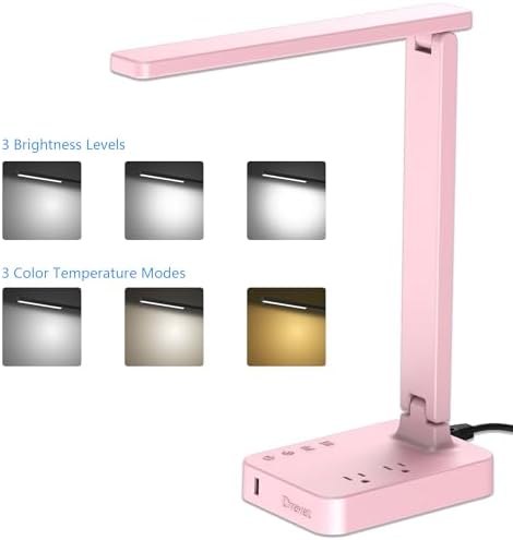 Drevet LED Desk Lamp for College Dorm Room, Desk Light with 1 USB Charging Port 2 AC Power Outlet, 3 Lighting Modes, 3 Level Brightness Touch Lamp