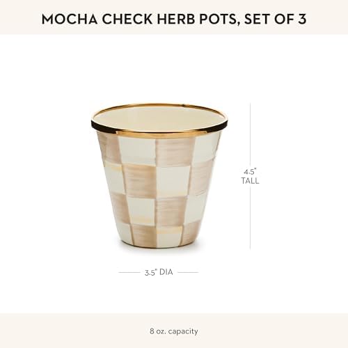 MACKENZIE-CHILDS Enamel Herb Pot Set, Small, Black-and-White Courtly Check | Hand-painted design, small plant pots for herbs or flowers, 8-ounce capacity per pot, set of 3