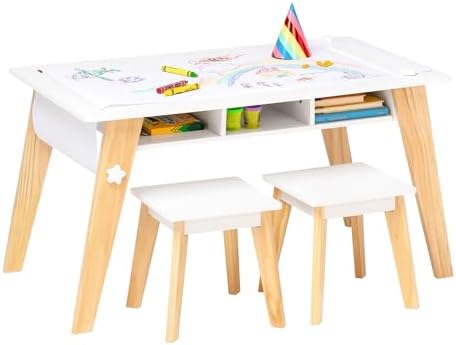 Wildkin Kids Arts & Crafts Table Set – Mid-Century Modern Design with 2 Stools, Storage Cubbies & Paper Roll - White
